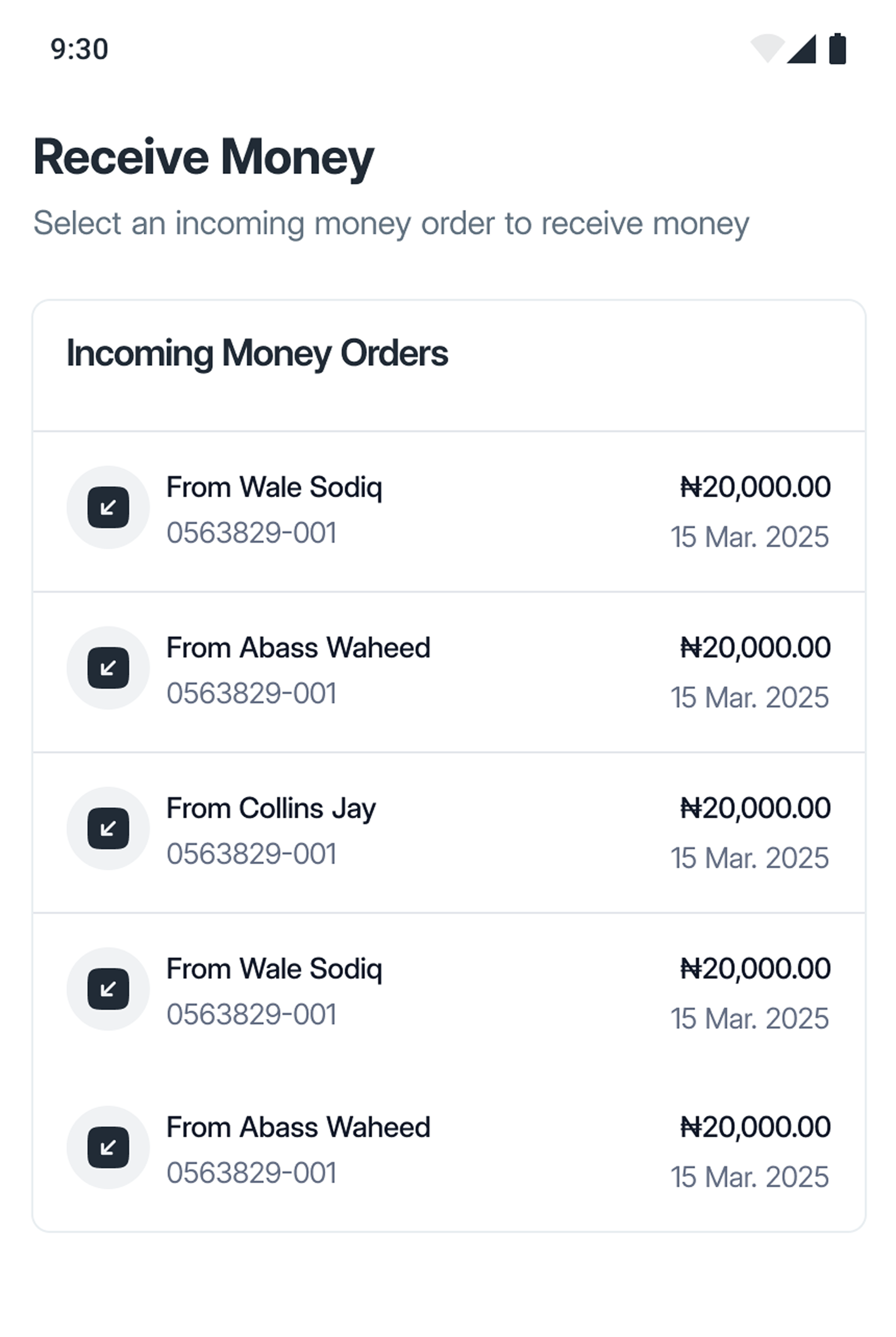 A preview of the postmoni mobile app showcasing the receive money feature
