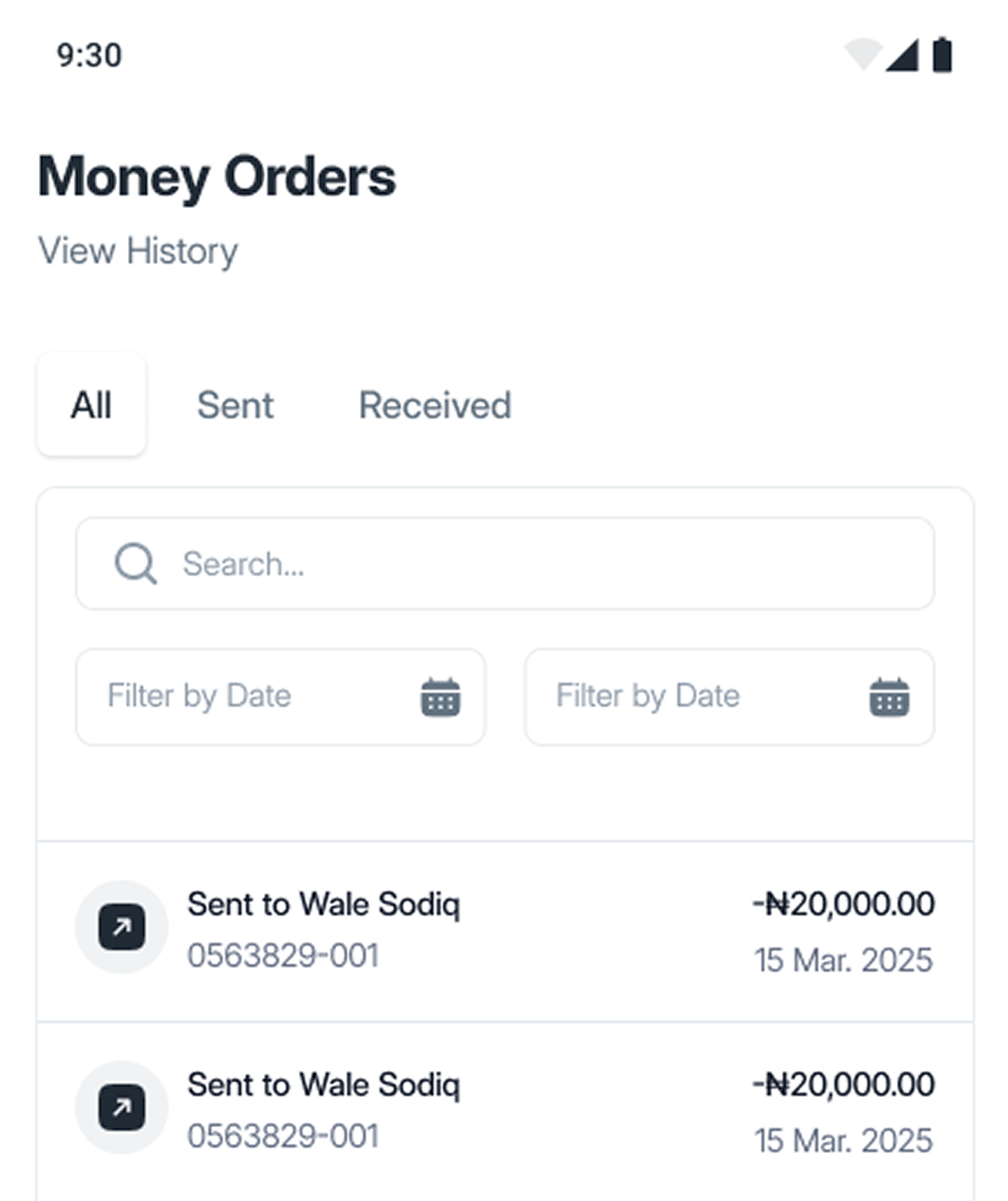 A preview of the postmoni mobile app showcasing the send money feature
